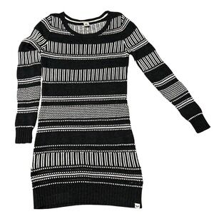 Roxy Women Sweater Dress Large Black White Striped Bodycon Knit Long Sleeve Mini